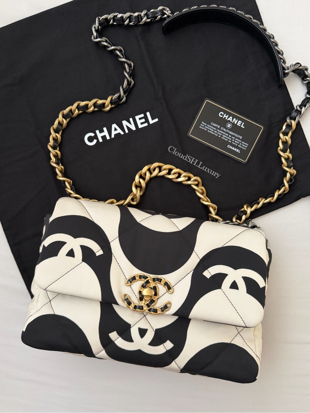 Auth Chanel 19 Wave Pattern Fabric White Black Small Flap Bag
